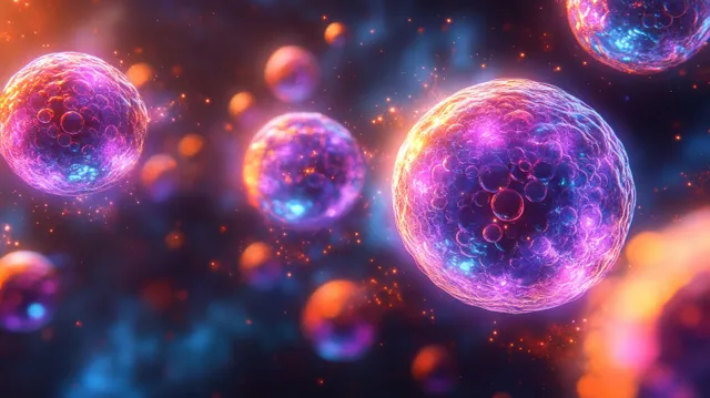 Bio-luminescent spherical bacteria cells with glowing outlines float in a vibrant scientific background.