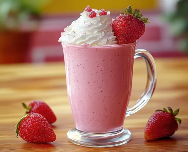 Strawberry milkshake in glass with whipped cream and fresh berries on wooden table with Shallow Depth Of Field