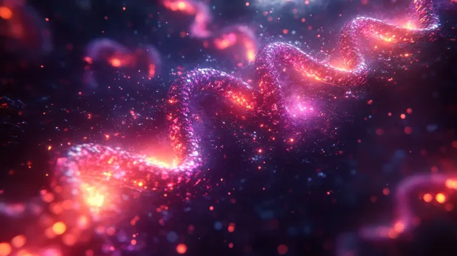 Neon DNA helix in a dark cyberpunk scene with glowing particles and light bokeh.