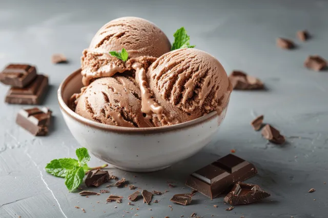 Chocolate ice cream scoops with mint leaves and chocolate chunks in white bowl