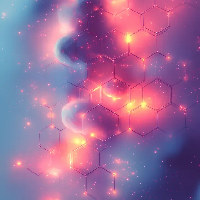 Glowing hexagon molecular pattern with spark-like dots on a purple medical-themed gradient background.