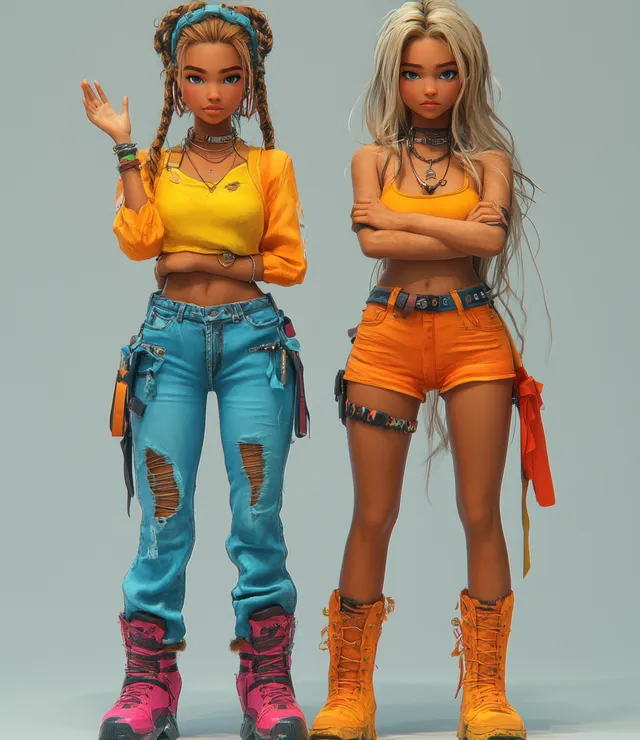 Two cartoon business characters stand together with arms crossed in a pastel office scene.
