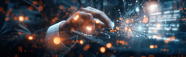 Doctor in futuristic lab using AI holograms for diagnosis and research interface