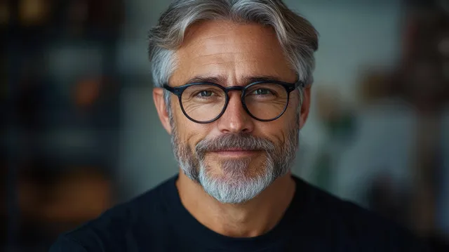 A mature man with grey hair, beard, and glasses smiles toward the camera in a softly blurred indoor setting.