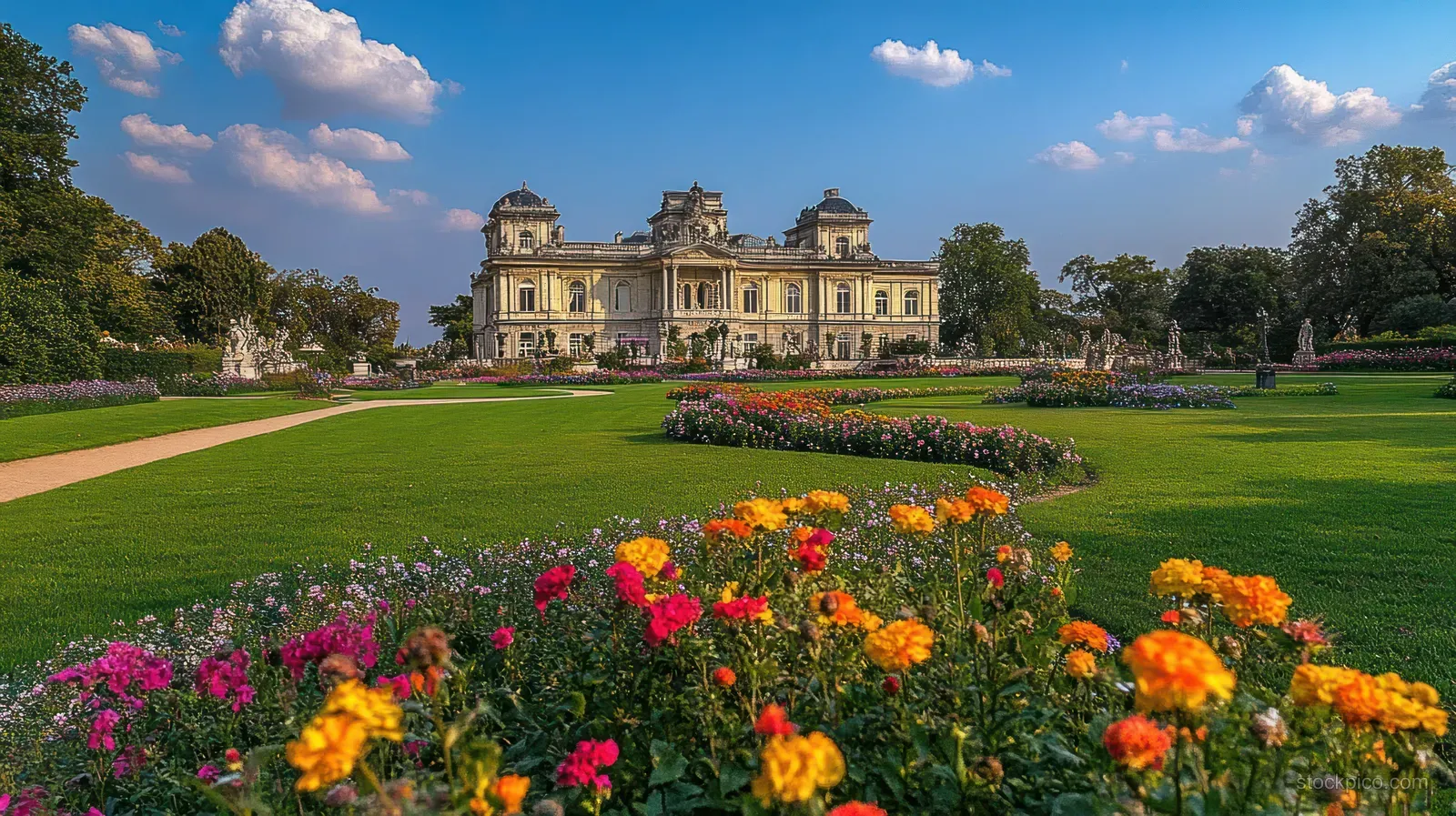 Ornate historic building centered behind bright flower beds and trimmed lawns in a formal garden under blue sky.