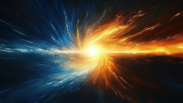Blue and orange light streams spiral into a glowing center in a cosmic burst with motion blur.