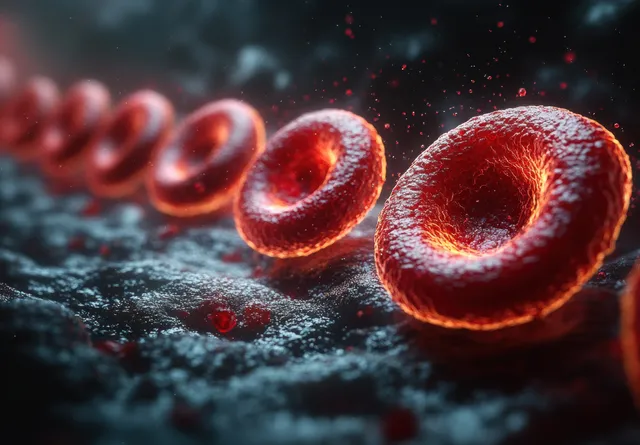 A glowing artery surface with cholesterol plaque blocks passage as red blood cells swirl nearby.