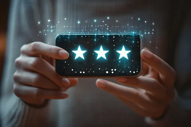 A person holds a smartphone showing three glowing star ratings and feedback icons on the screen.