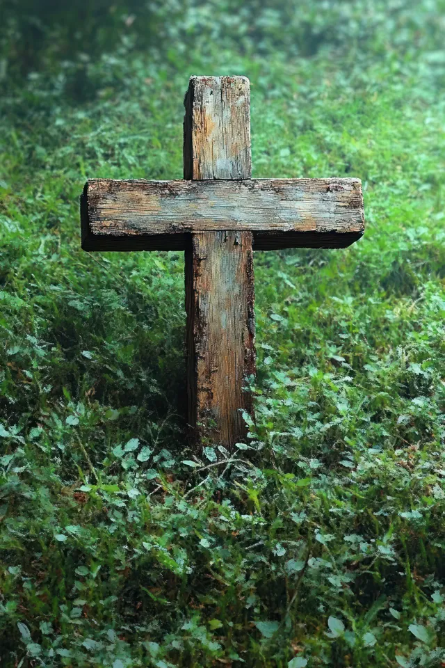 Weathered wooden cross stands in green grass with moss at the base in a softly lit forest setting.