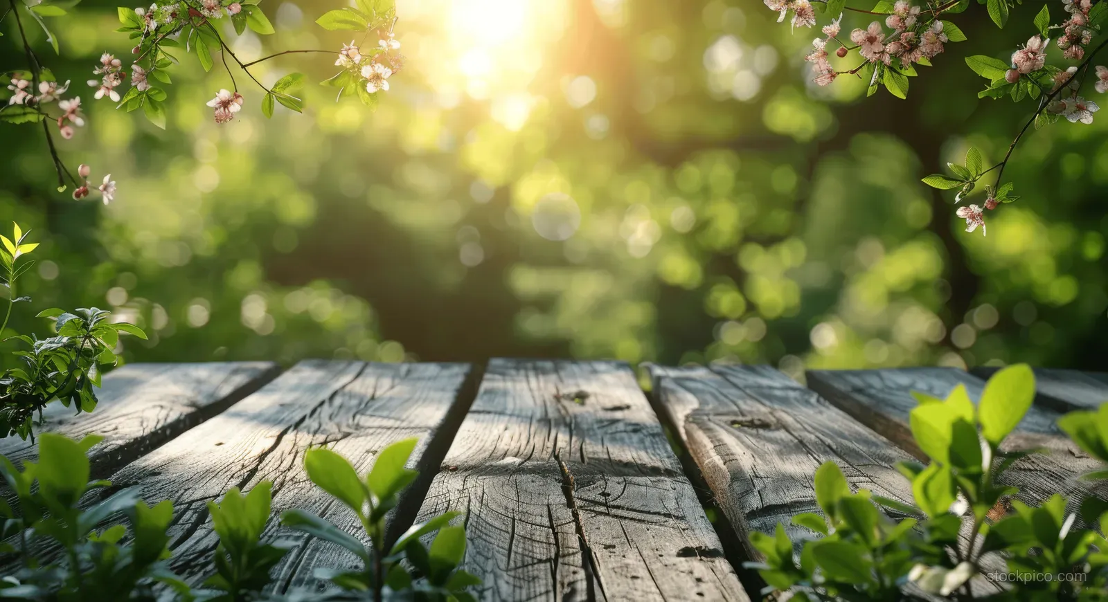 White wooden tabletop in a green outdoor garden with sunlit bokeh and scattered leaves.