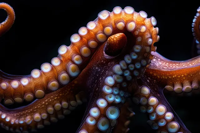 Macro view of an octopus with orange tentacles and glowing suction cups curled against a dark background.