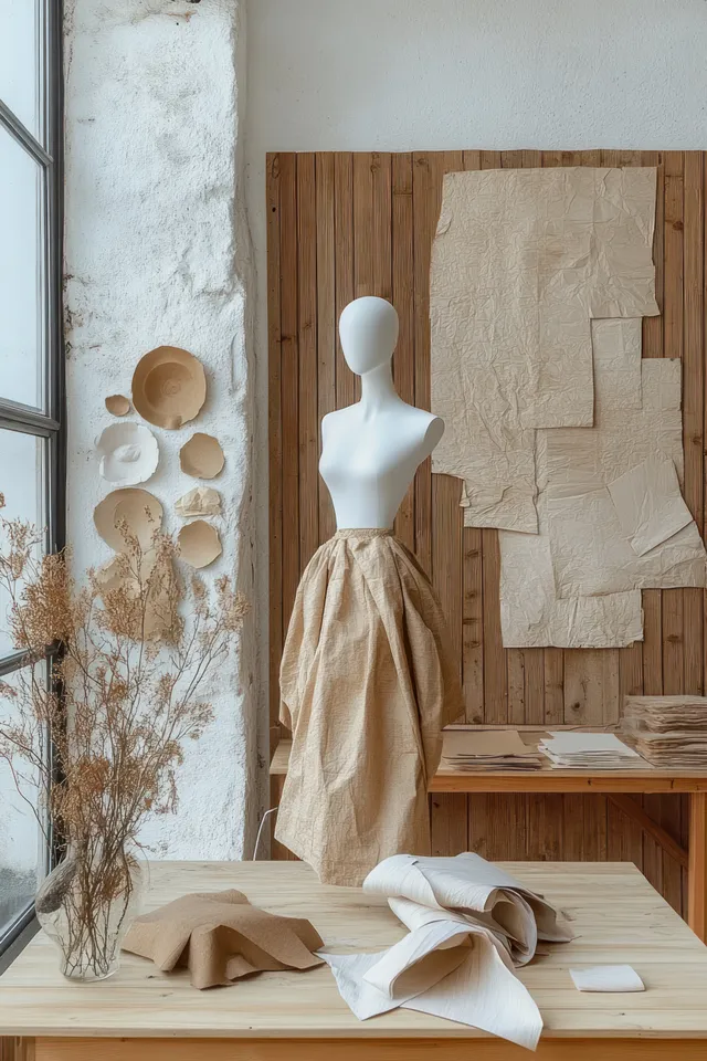 Minimalist sewing studio interior with wooden mannequin and hanging paper fabric patterns