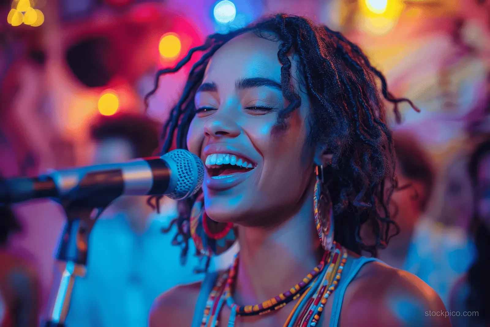 Young woman grinning and singing into a karaoke microphone under colorful nightclub lights.
