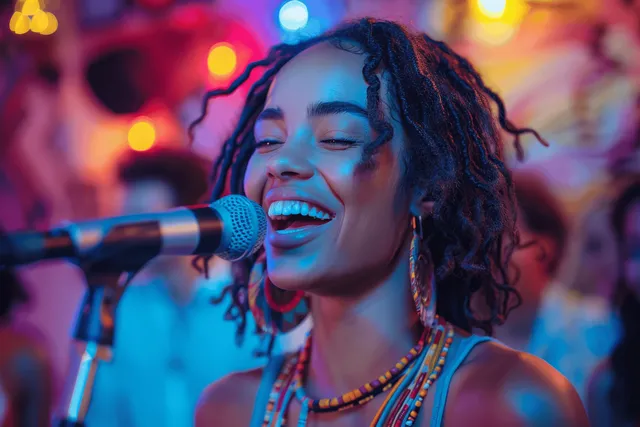 Young woman grinning and singing into a karaoke microphone under colorful nightclub lights.