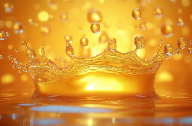 Golden liquid crown splash with droplets suspended above a reflective surface under warm glowing light.