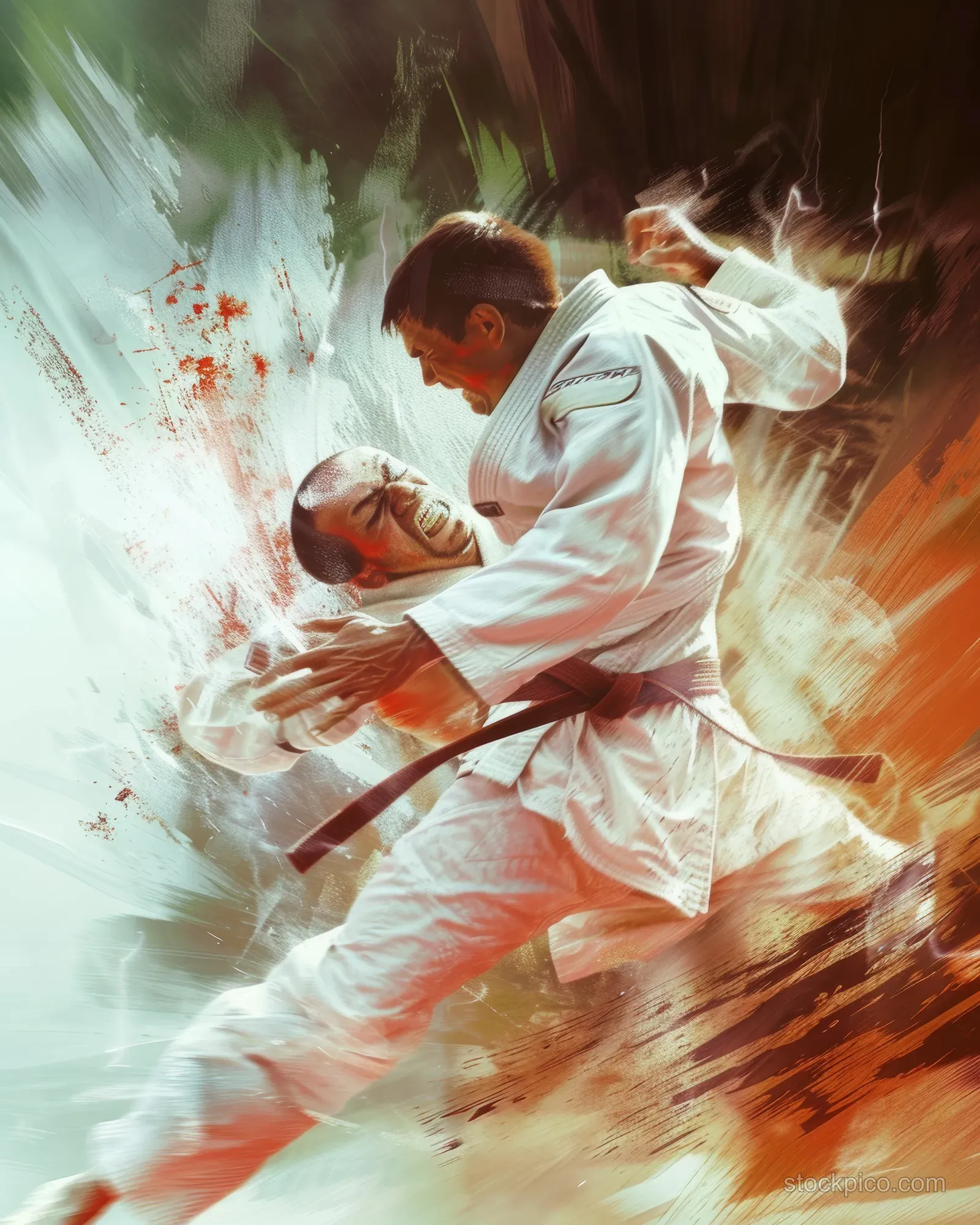A Japanese judoka throws an opponent in a high-speed judo bout with intense motion blur behind them.