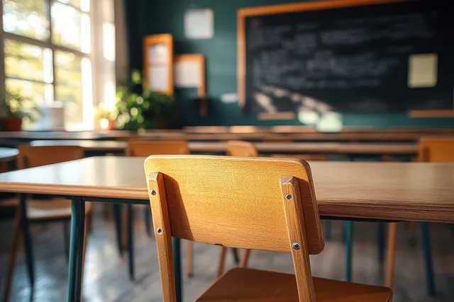 Empty classroom chair in warm sunlight near chalkboard and windows