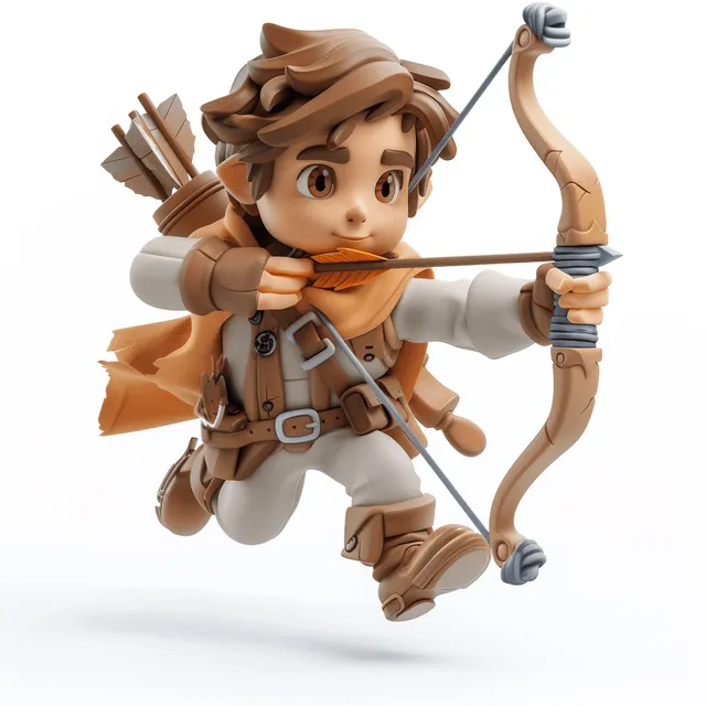 3D cartoon adventurer man running forward while drawing a bowstring with arrows on a white background.