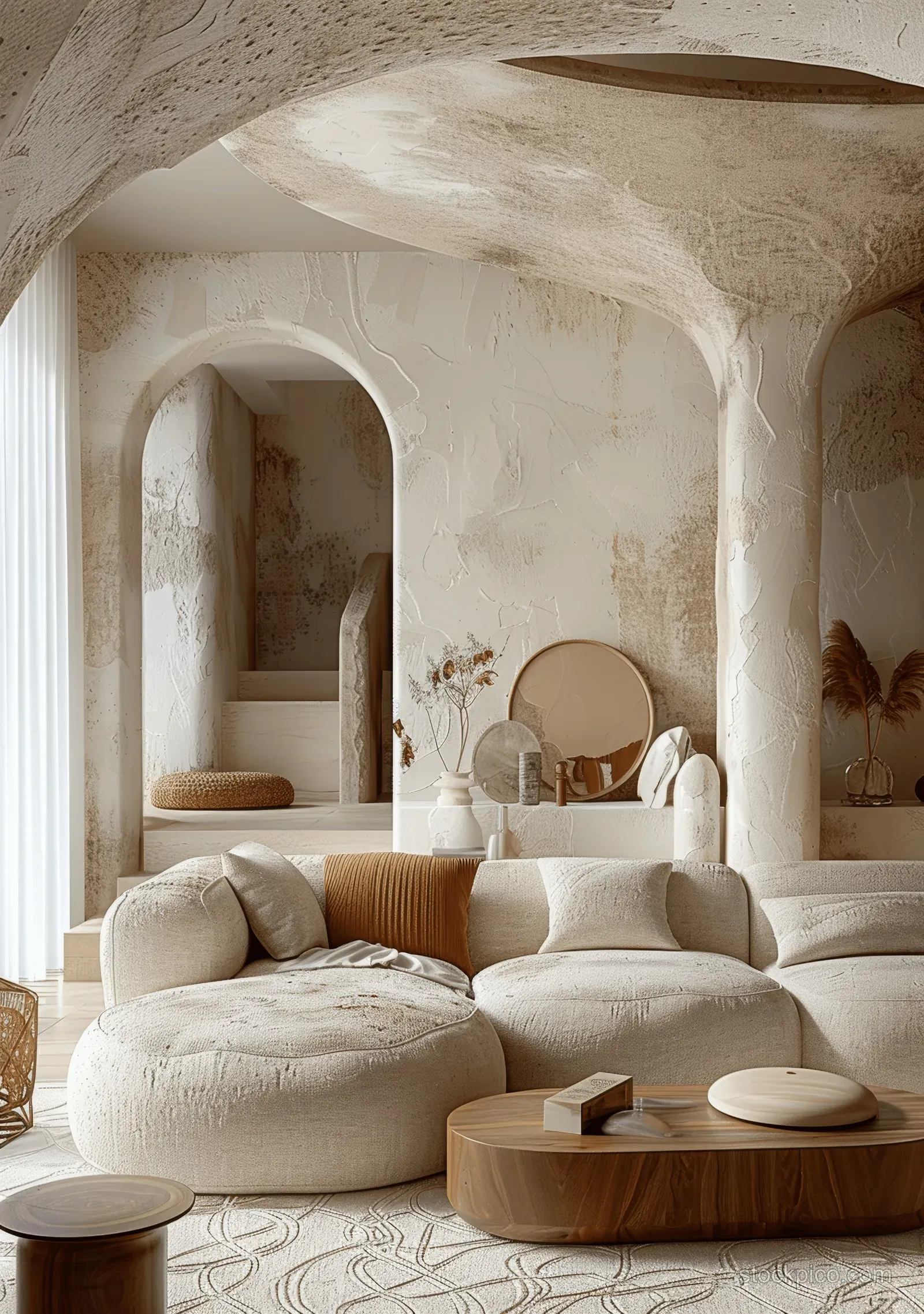 Beige boucle sofa and round pouf in a Japandi living room with arched stucco walls and minimal plant decor.