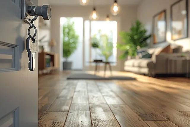 Keys hang from an apartment door handle while a bright living room with big windows appears blurred behind.