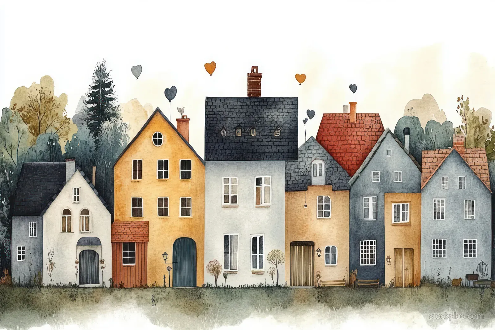 Watercolor row of colorful old town houses with varied roofs and small heart balloons above them.