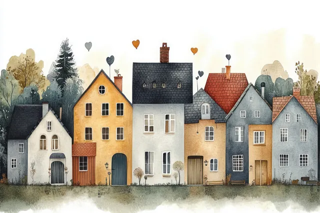 Watercolor row of colorful old town houses with varied roofs and small heart balloons above them.