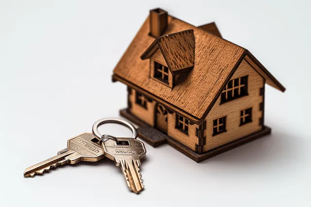 A set of keys rests beside a miniature house model on a white studio background.