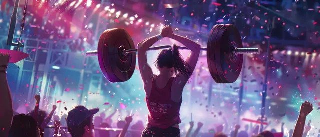 A Japanese female weightlifter lifts 55 kg overhead while confetti falls and a cheering crowd surrounds her in an arena.