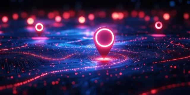 A glowing pink location pin hovers on a blue futuristic grid map with wave trails and scattered light dots.