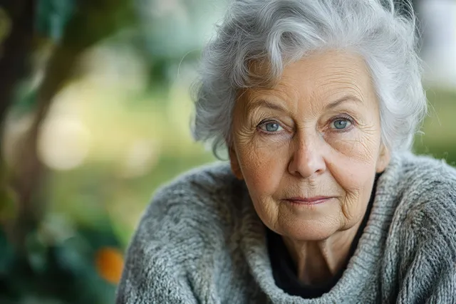 Elderly woman outdoors in soft natural light, close portrait with gentle impressionist texture