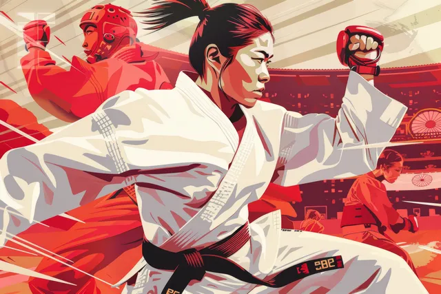 A Japanese female karate fighter in a white gi delivers a kumite punch inside a dojo with dramatic motion blur.