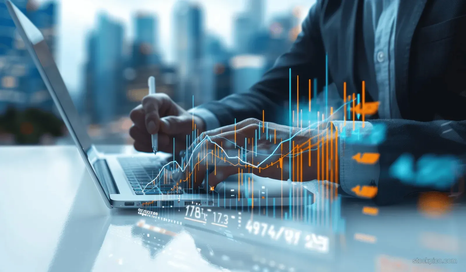 Businessman pointing at glowing stock market charts on a laptop with a blurred city skyline behind.