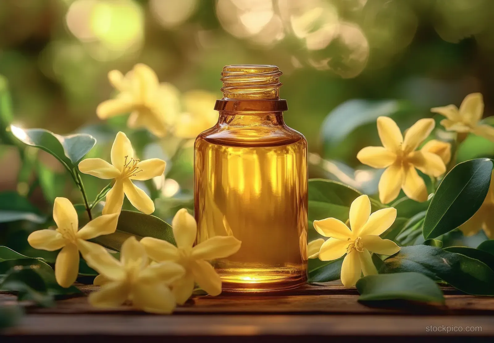 Amber glass bottle placed on a wooden surface surrounded by yellow flowers and green leaves in soft sunlight.