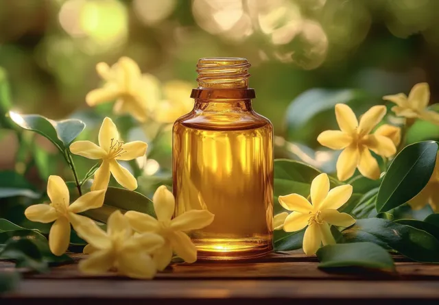 Amber bottle with yellow blossoms and green leaves in a softly lit garden