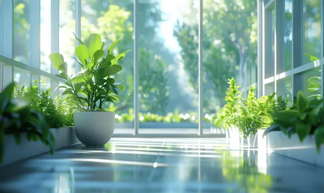 Bright office lobby interior with panoramic windows, potted plants, and reflective floor.