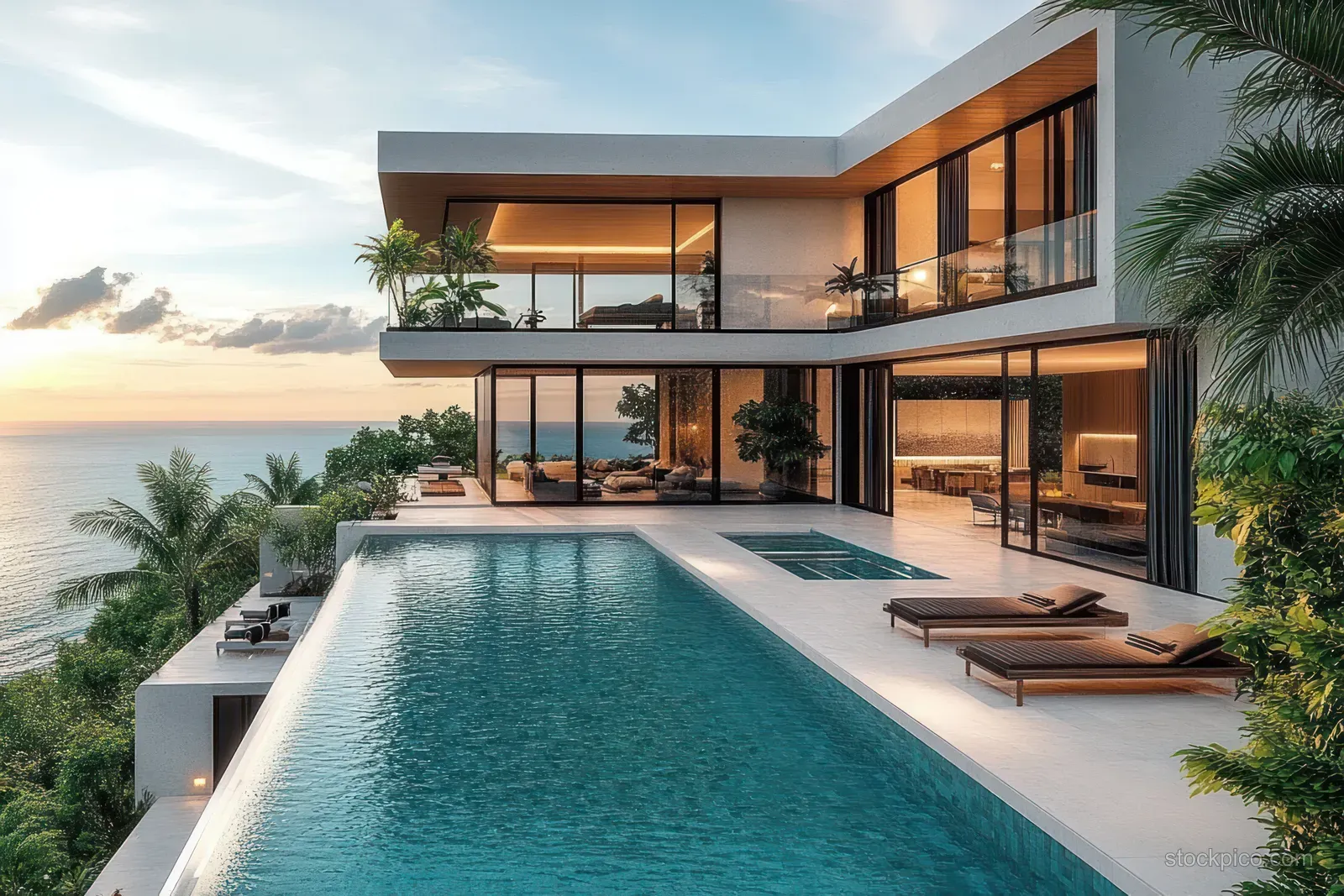 Modern villa exterior with infinity pool overlooking the ocean at sunset, palm trees framing the view.