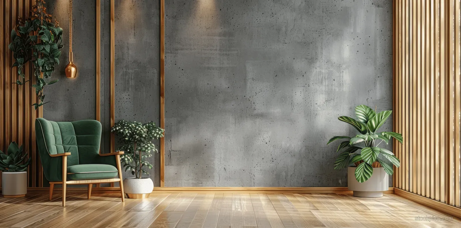 Green armchair stands in a minimalist living room with concrete wall, wooden slats, floor lamp, and potted plants.