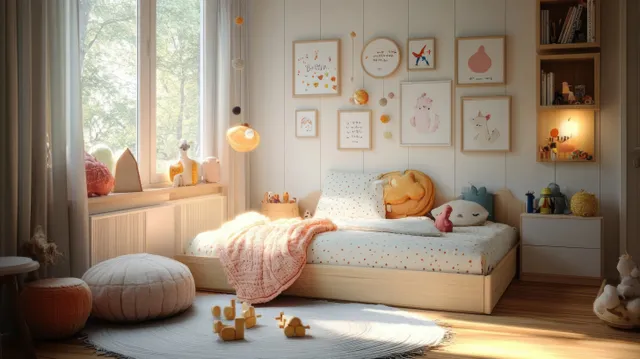 Sunlit Scandinavian children’s bedroom with a neatly made bed, plush toys, pastel cushions, and framed wall art.