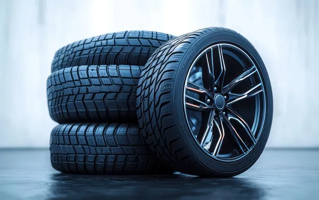 Four stacked black car tires with alloy rim on a smooth reflective studio surface