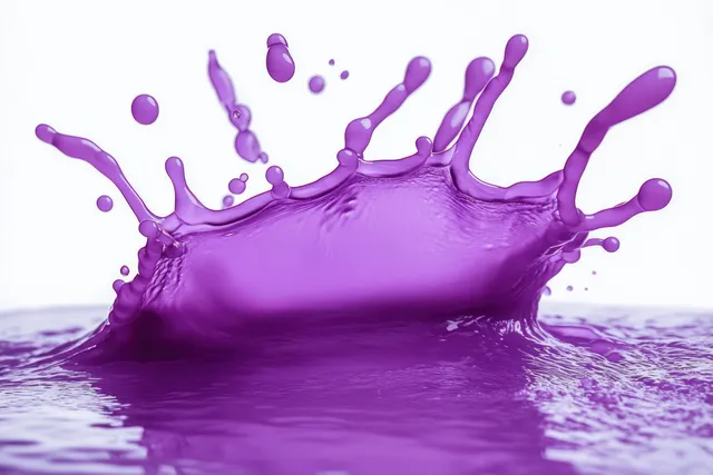 Purple liquid splash erupts with droplets and circular ripples across a smooth surface against a bright white background.