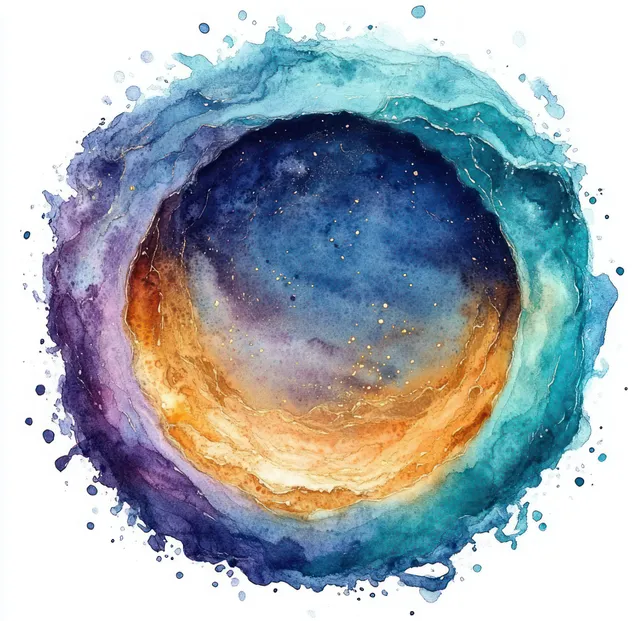 Circular watercolor painting of a cosmic planet with splattered blue teal and purple edges around a glowing orange core.