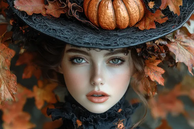 A Victorian woman faces the camera wearing an ornate pumpkin top hat surrounded by vibrant autumn leaves.