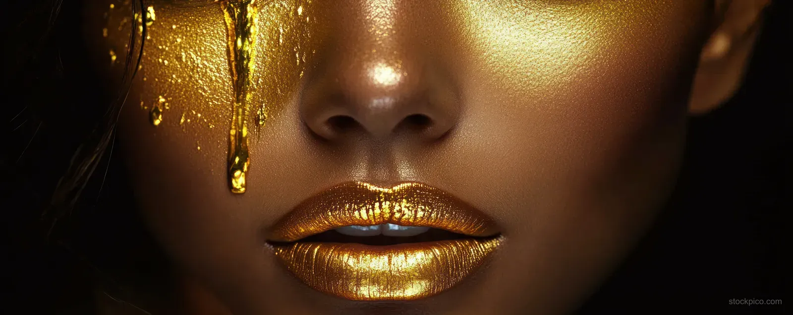 Close-up of gold painted lips with liquid gold dripping down a cheek in a dramatic portrait.
