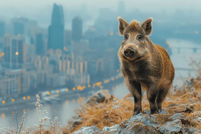 Wild boar standing on a rocky, grassy hill while a river and tall city buildings blur in the background.