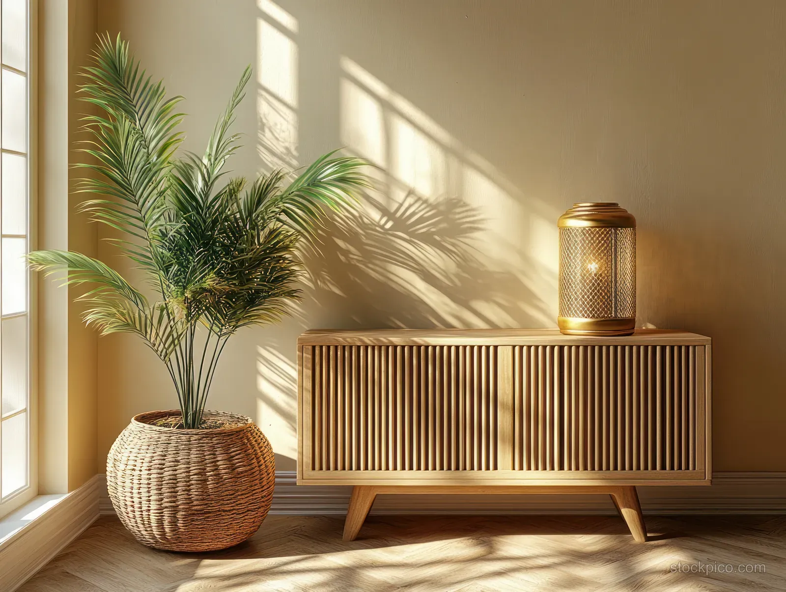 Minimal living room corner with a wooden slat cabinet, golden lantern, woven basket plant, and warm sunlight.