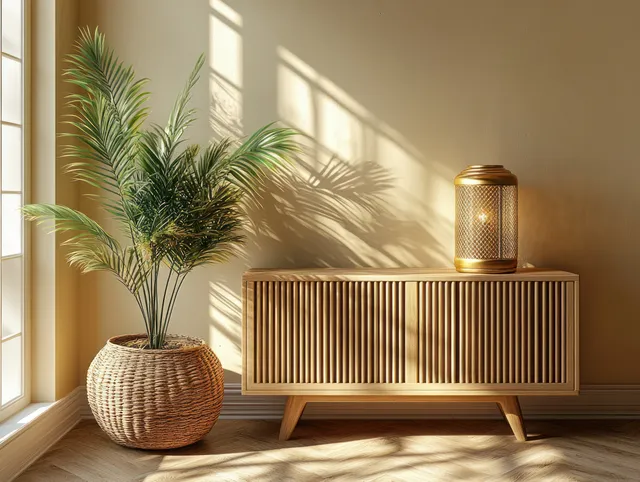 Minimal living room corner with a wooden slat cabinet, golden lantern, woven basket plant, and warm sunlight.