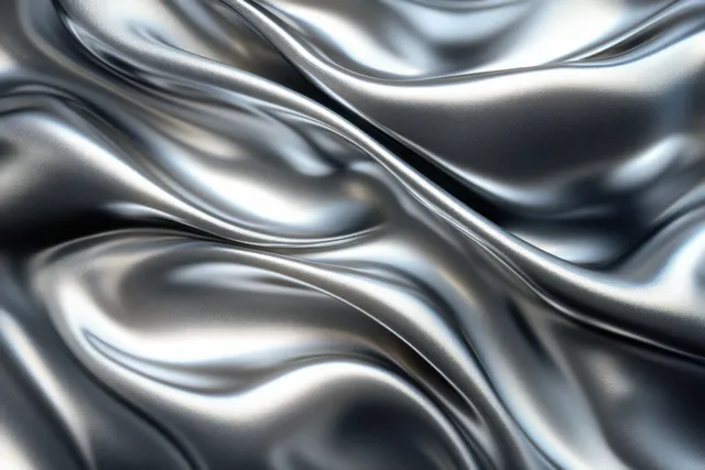 Silver chrome fabric waves with glossy highlights flowing across a soft textured backdrop closeup