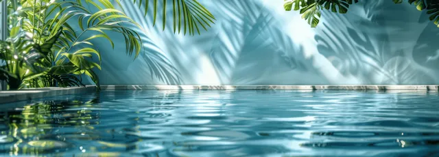 Palm leaf shadows overlay rippling blue water with a white sand beach and tropical greenery at the edges.