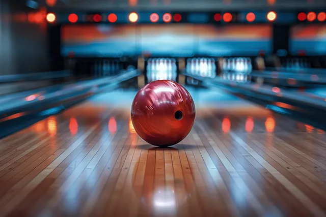 Purple bowling ball rolls down an indoor lane toward illuminated pins under colorful overhead lights.