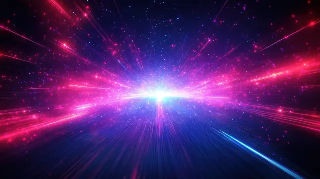 Center white light burst sends pink and blue beams through a starry space filled with sparkling particles.